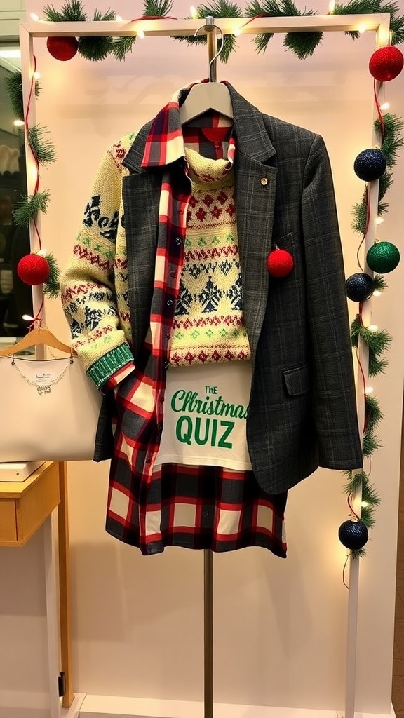 A collage of Christmas quiz outfits including a festive sweater, plaid shirt, tailored blazer, and quirky holiday t-shirt.